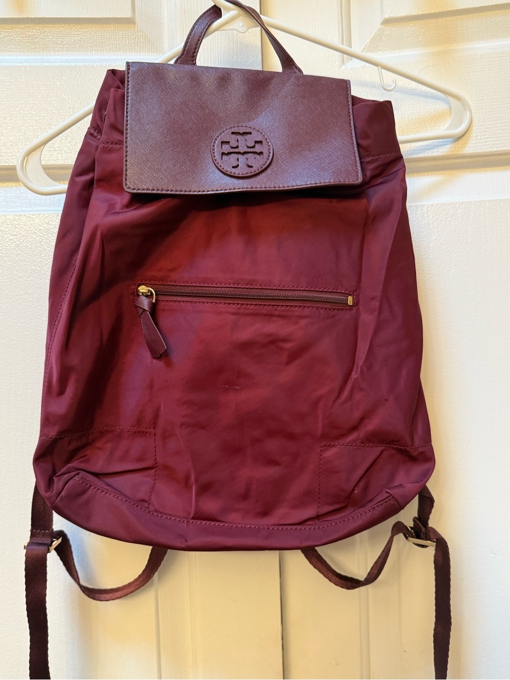 Tory Burch Burgundy Nylon Backpack with Leather Flap